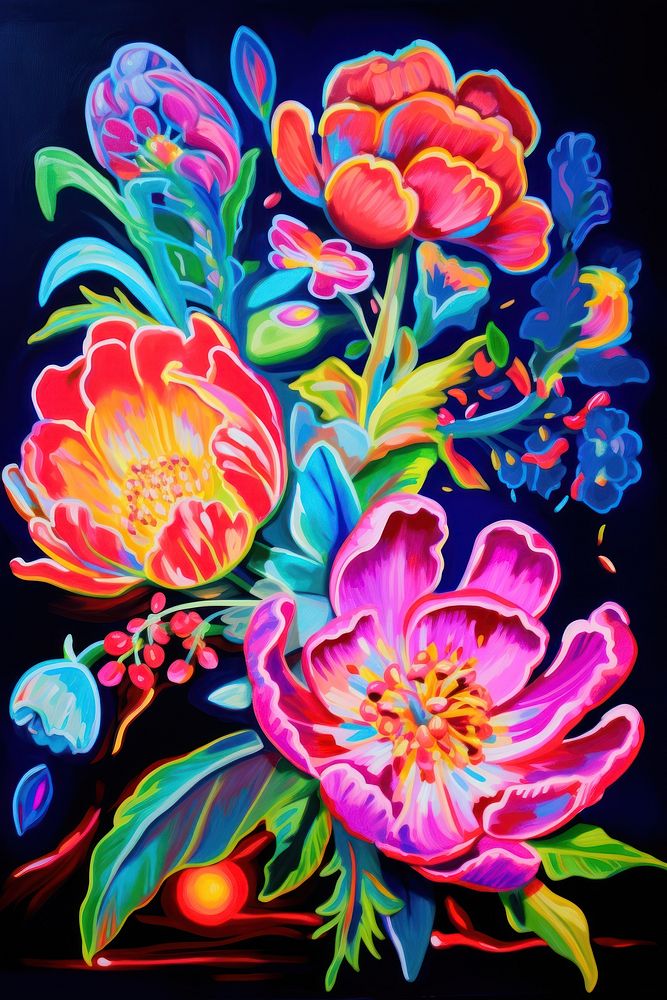 Black light oil painting of floral pattern purple yellow.
