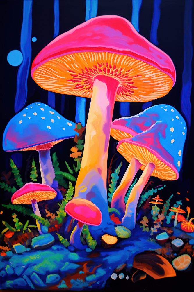 Black light oil painting of mushroom purple fungus agaric.