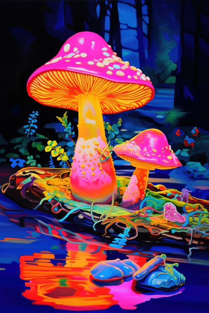 Black light oil painting of mushroom fungus agaric purple.