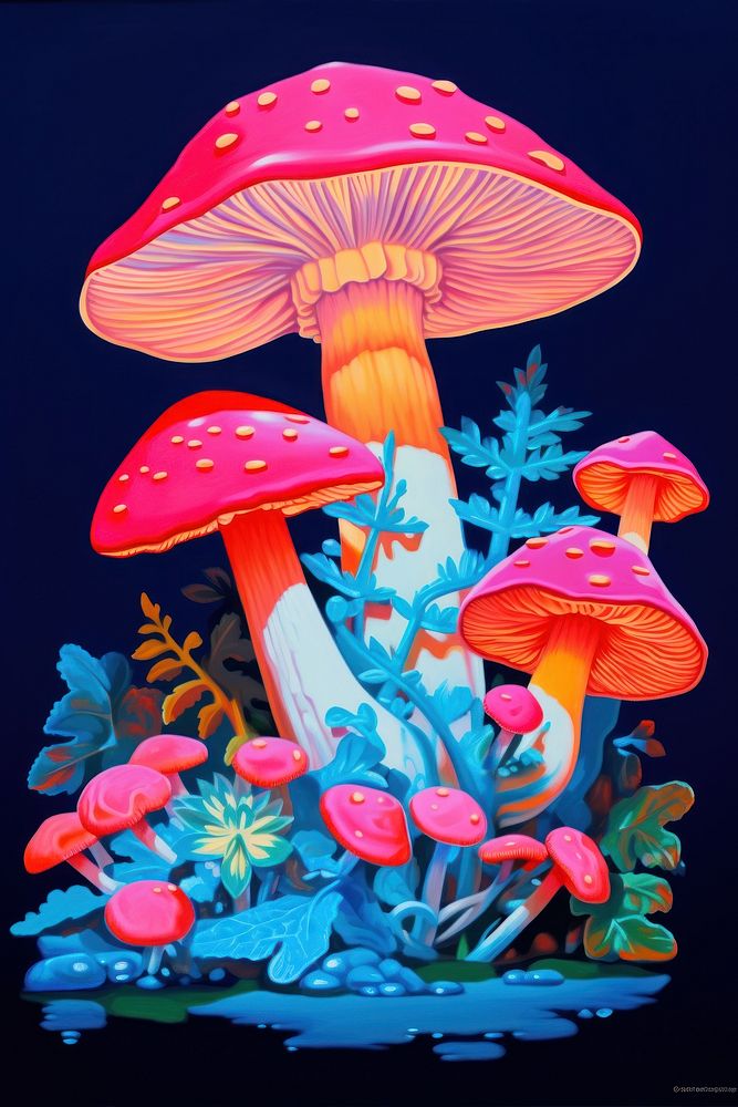 Black light oil painting of mushroom outdoors agaric fungus.
