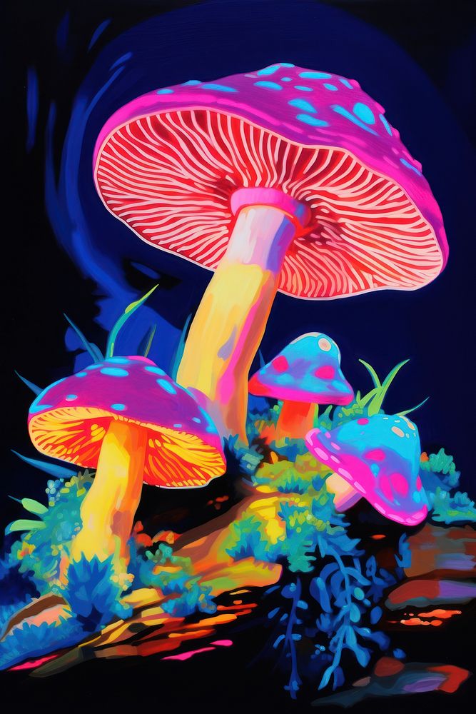 Black light oil painting of mushroom outdoors fungus nature.