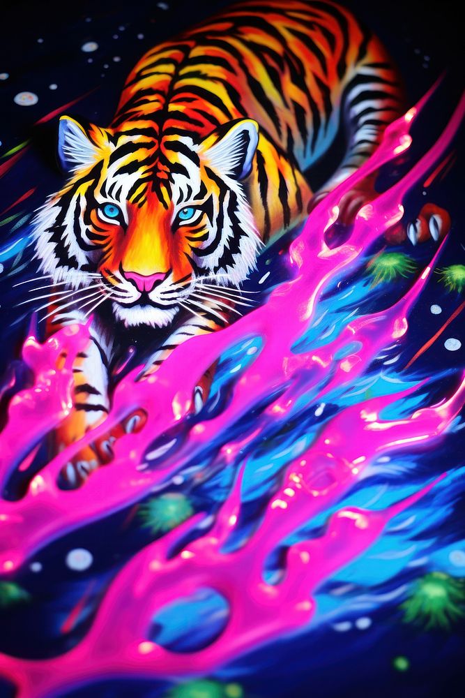Black light oil painting of tiger purple wildlife animal.