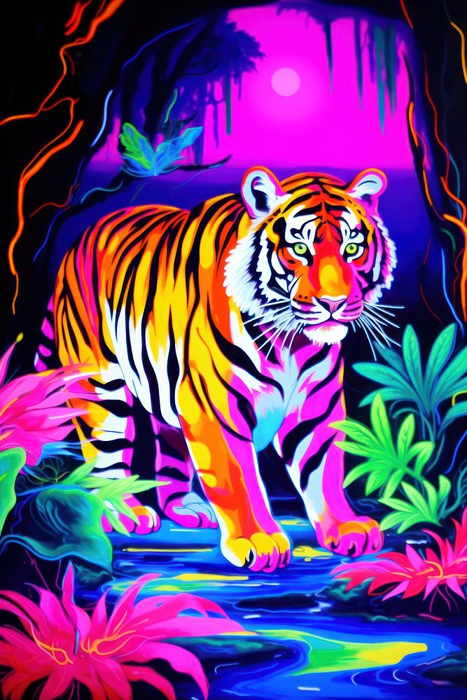 Black light oil painting of tiger wildlife animal purple.