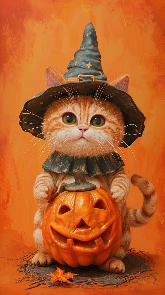 Chubby cat costuming wearing halloween painting wallpaper animal portrait mammal.
