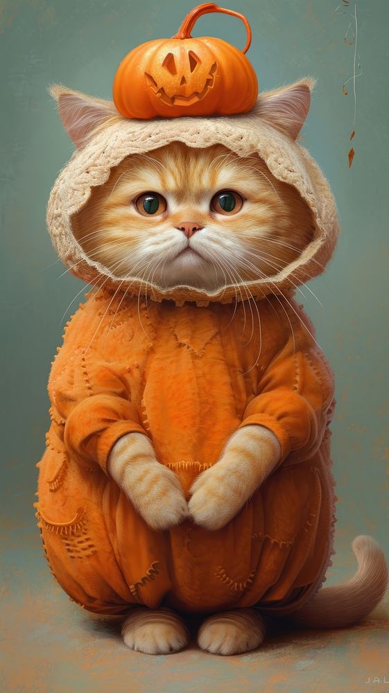 Chubby cat costuming wearing halloween surrealism wallpaper portrait pumpkin mammal.