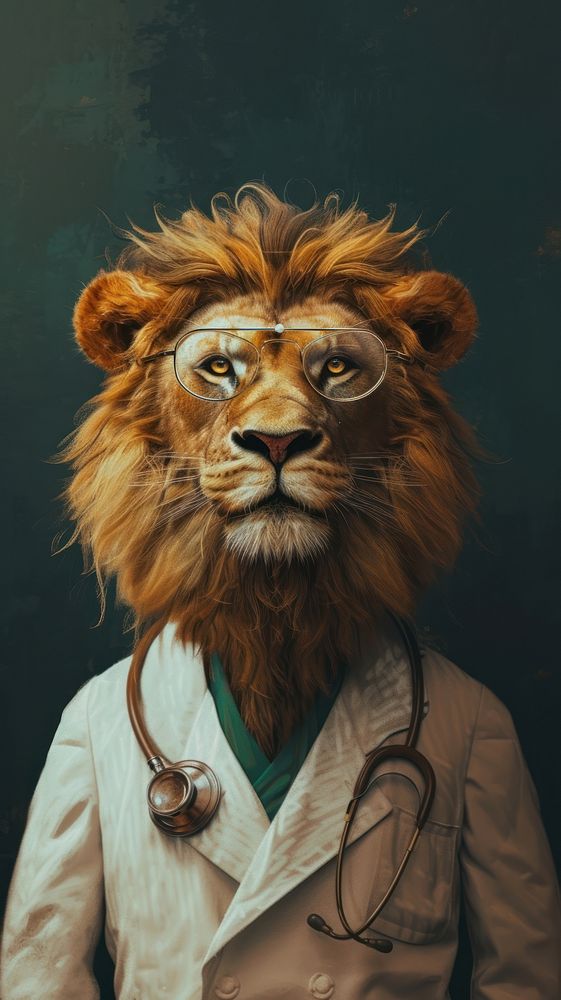 Lion costumes wearing doctor surrealism wallpaper animal portrait glasses.