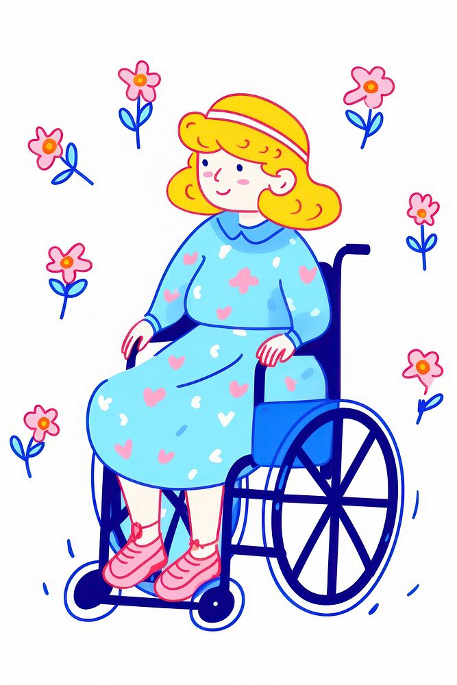 Doodle illustration of old woman wheelchair cartoon cute.