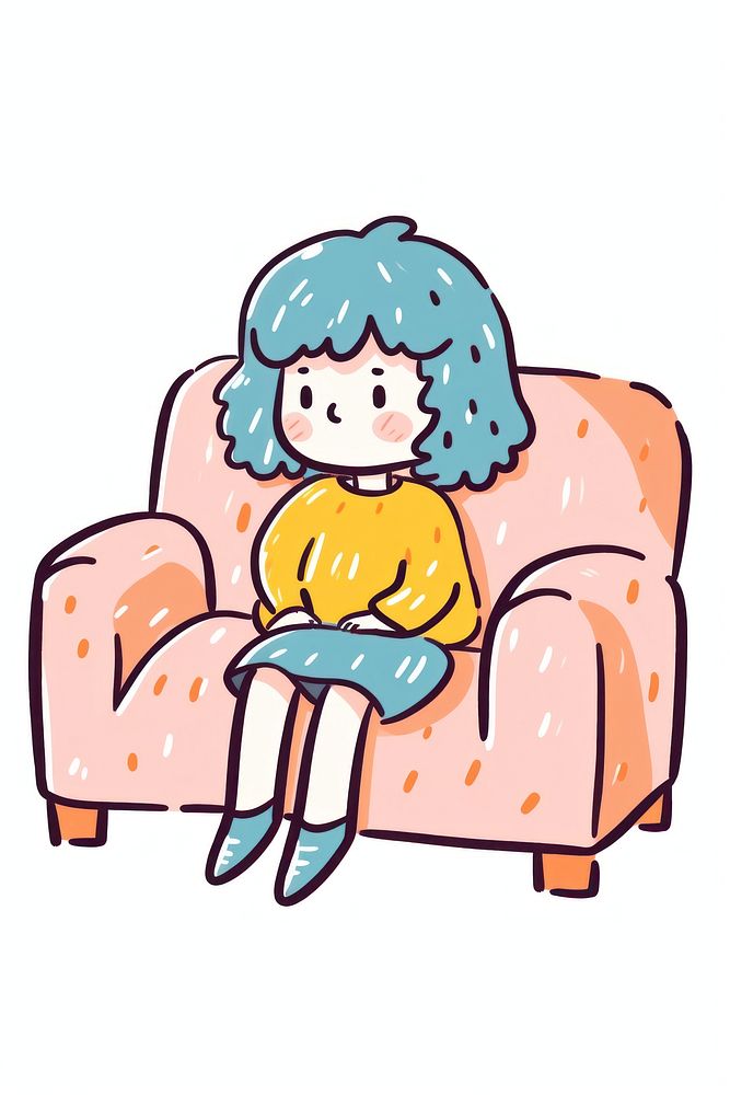 Doodle illustration young girl sitting furniture armchair cartoon.
