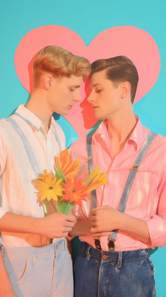 Hearts with lgbtq couple portrait kissing flower.