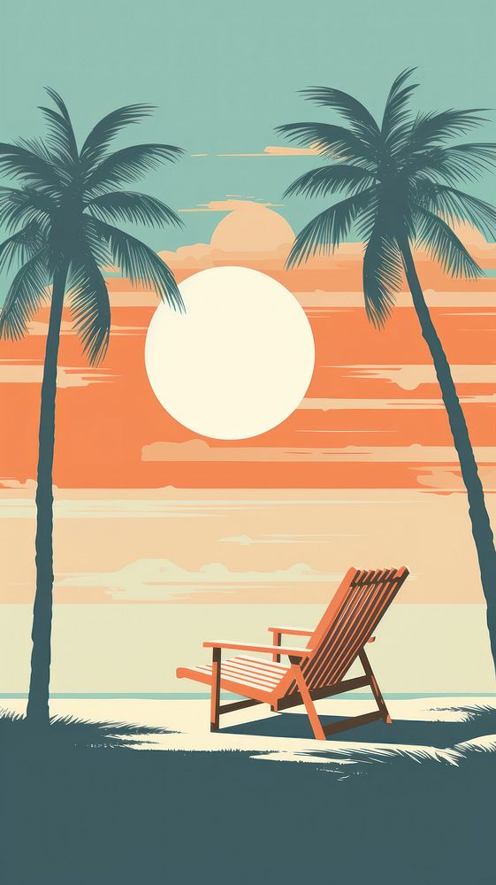 Litograph minimal deckchair and coconut tree furniture outdoors summer.