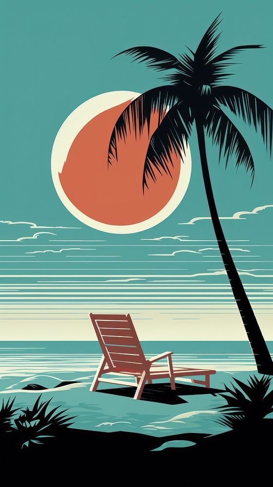 Litograph minimal deckchair and coconut tree furniture outdoors summer.