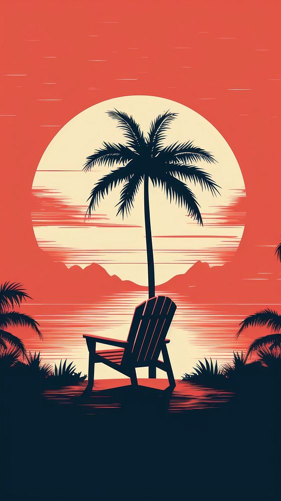 Litograph minimal deckchair and coconut tree furniture outdoors nature.