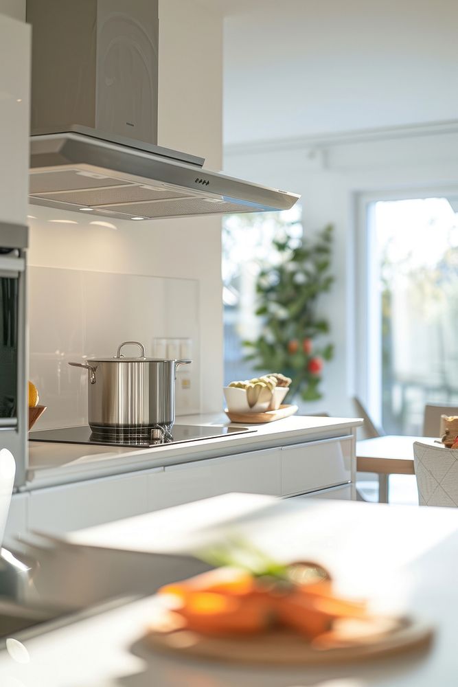 Modern white kitchen with steel kitchen hood furniture table architecture.