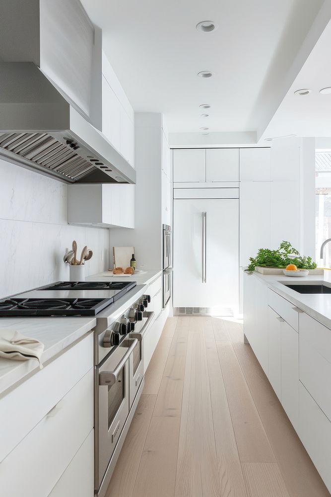 Modern white kitchen with steel kitchen hood floor refrigerator architecture.