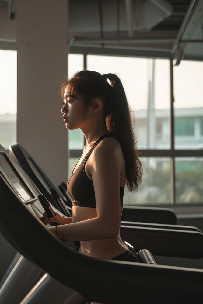 Asian woman using treademill in gym sports adult determination.