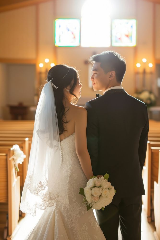 Asian bride and groom at church portrait fashion wedding.