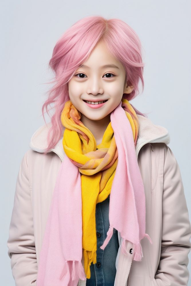 Scarf yellow pink hair.