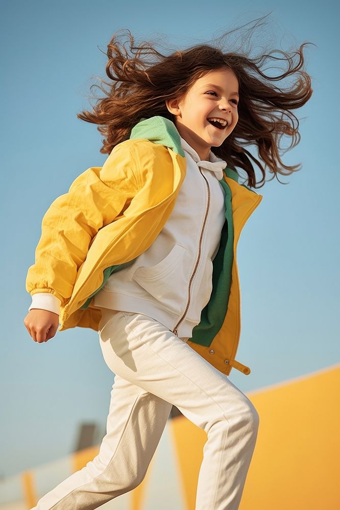 Happy girl kid is jumping yellow smile pants.