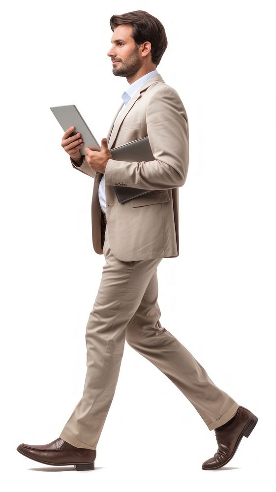 Business man walking computer footwear standing.