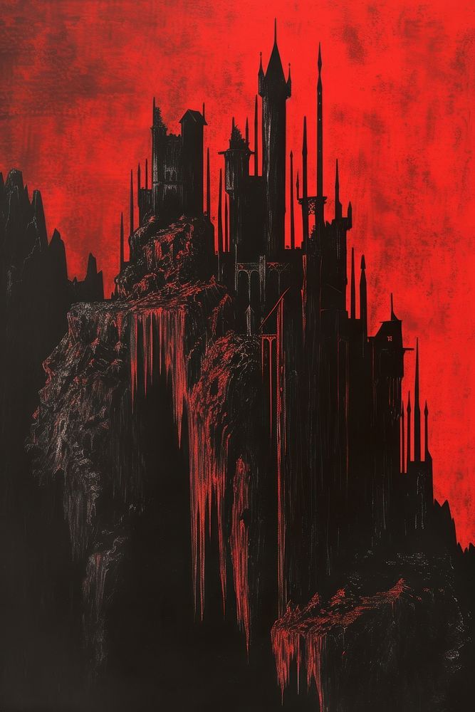 Silkscreen of a castle painting nature red.