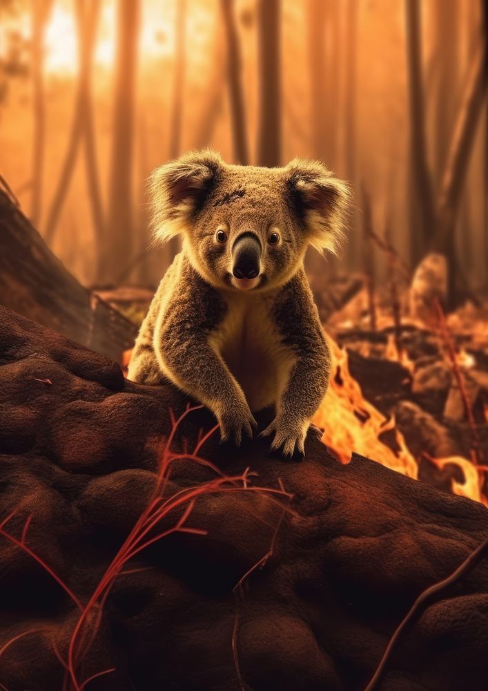 A koala on the tree in the middle of the fire forest wildlife animal mammal.