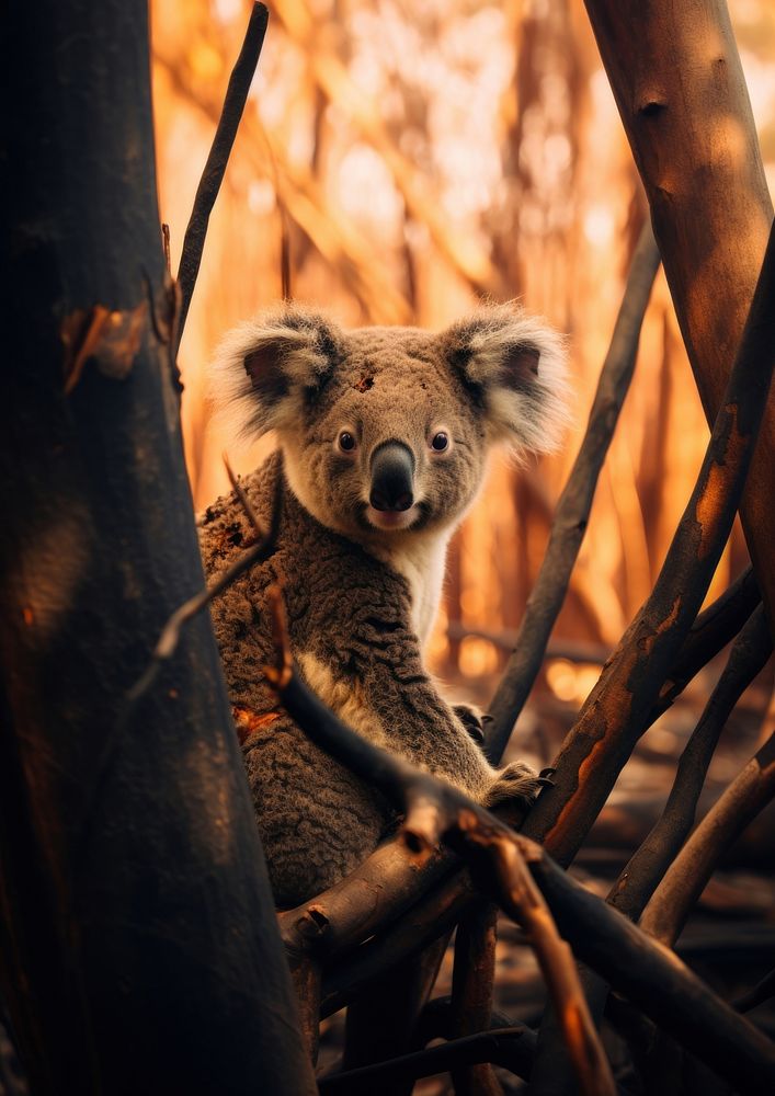 A koala on the tree in the middle of the fire forest wildlife animal mammal.