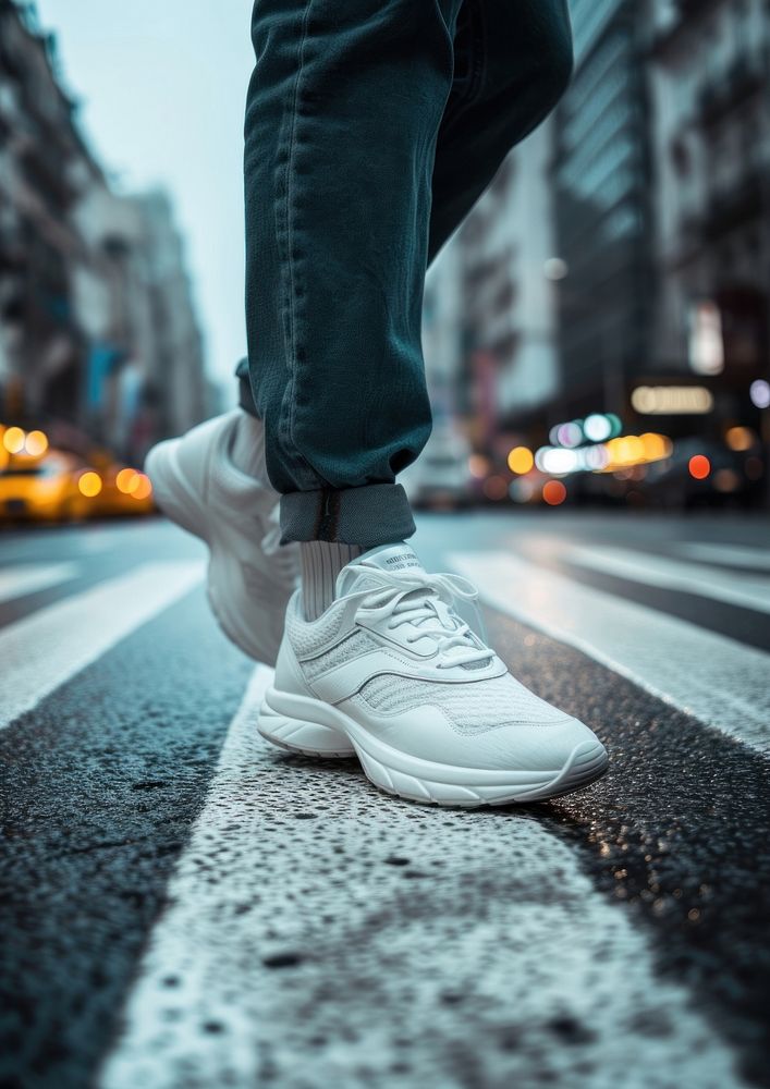 A modern sneaker on the crossing road in the city footwear walking shoe.