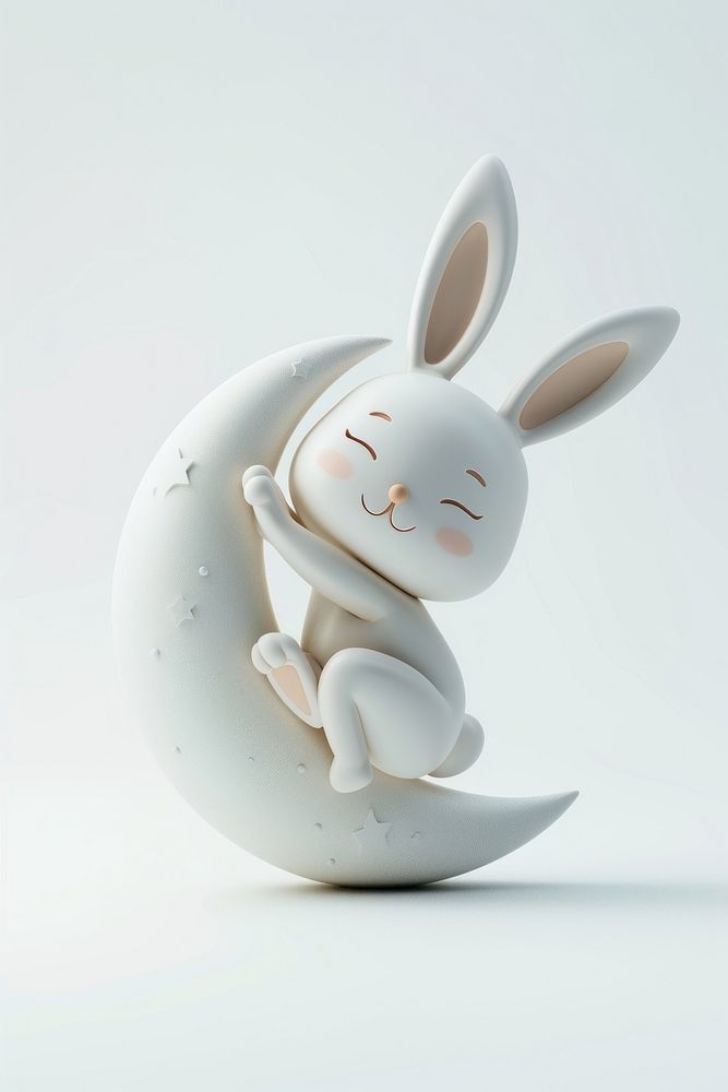 Rabbit on moon animal porcelain figurine.