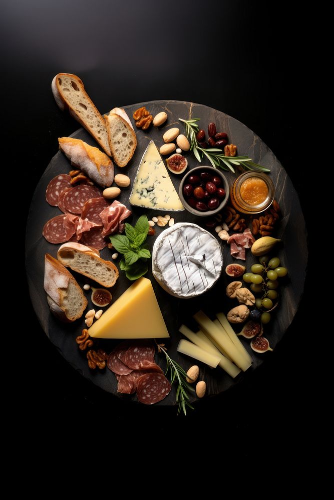 A charcuterie cheese board food plate meal.