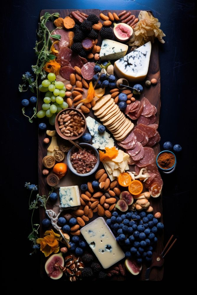 A charcuterie cheese board food blueberry vegetable.