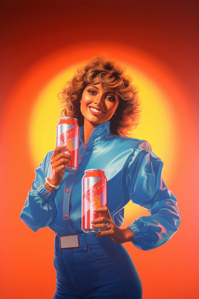 A woman carrying a small can with a smile on her face portrait advertisement refreshment.
