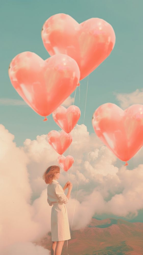 Heart balloons cloud tranquility landscape.