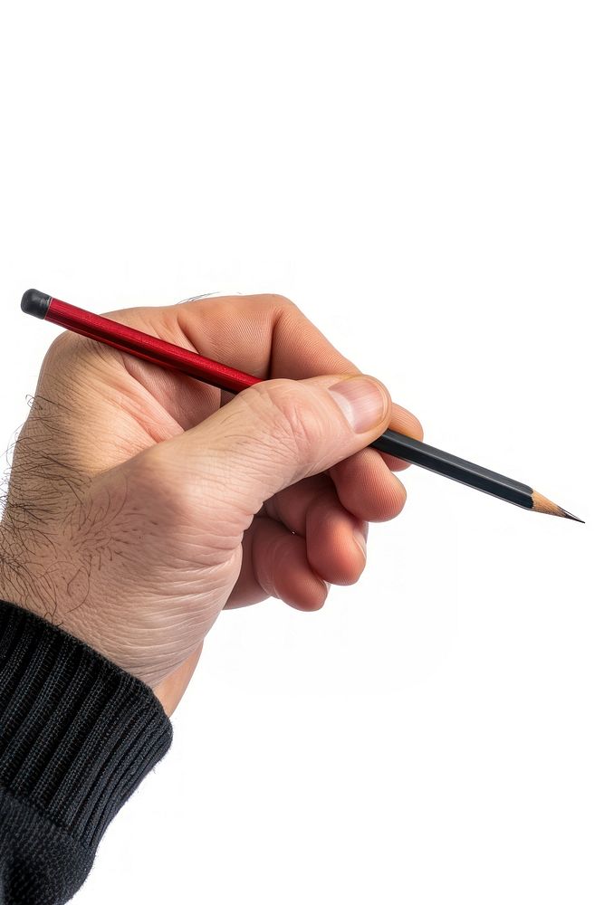 Man holding a pencil in a hand and writing brush white background paintbrush.