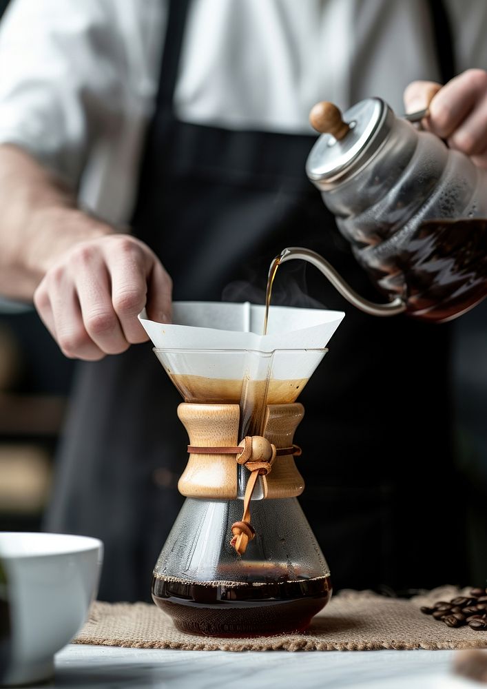 Coffee shop worker with hand drip coffee cup mug coffeemaker.