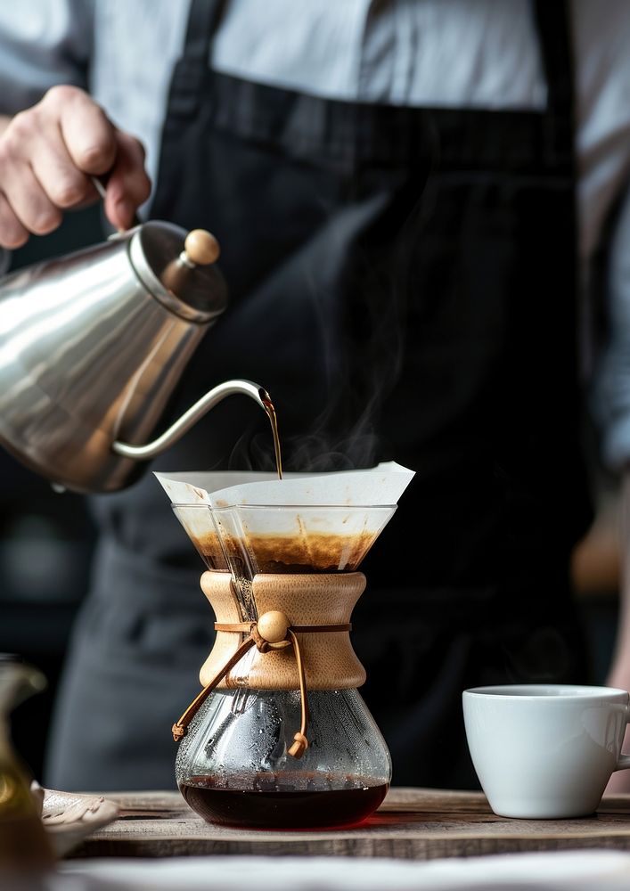 Coffee shop worker with hand drip coffee adult cup mug.