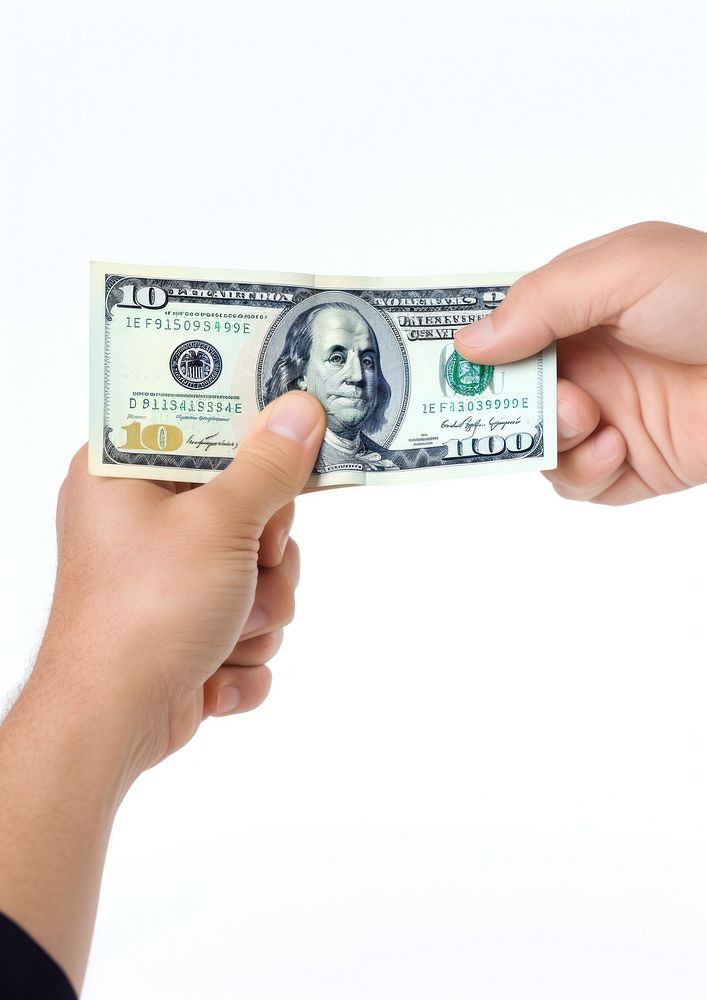 Close up hand hold money dollar paper white background.