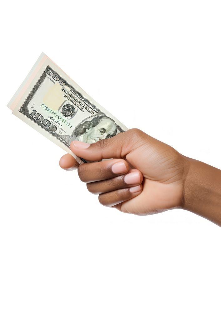 Close up hand hold money dollar white background currency.