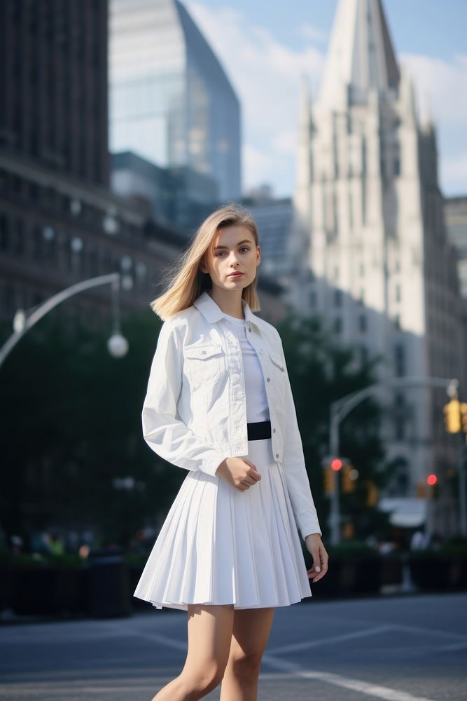 Woman wearing white box pleat skort miniskirt jacket street.