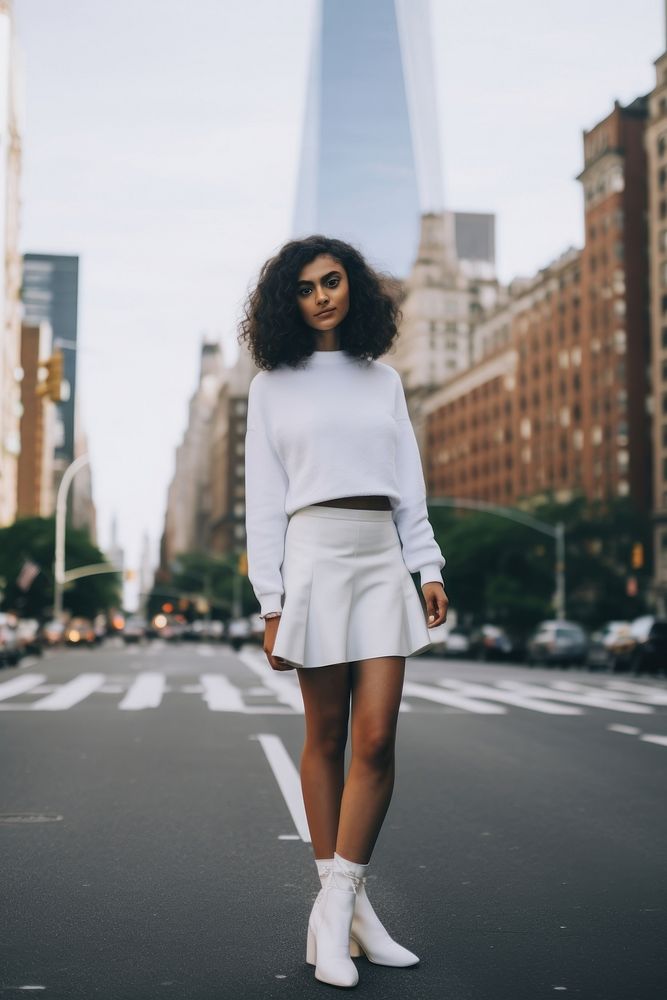 Woman wearing white curve mini skort miniskirt street adult.