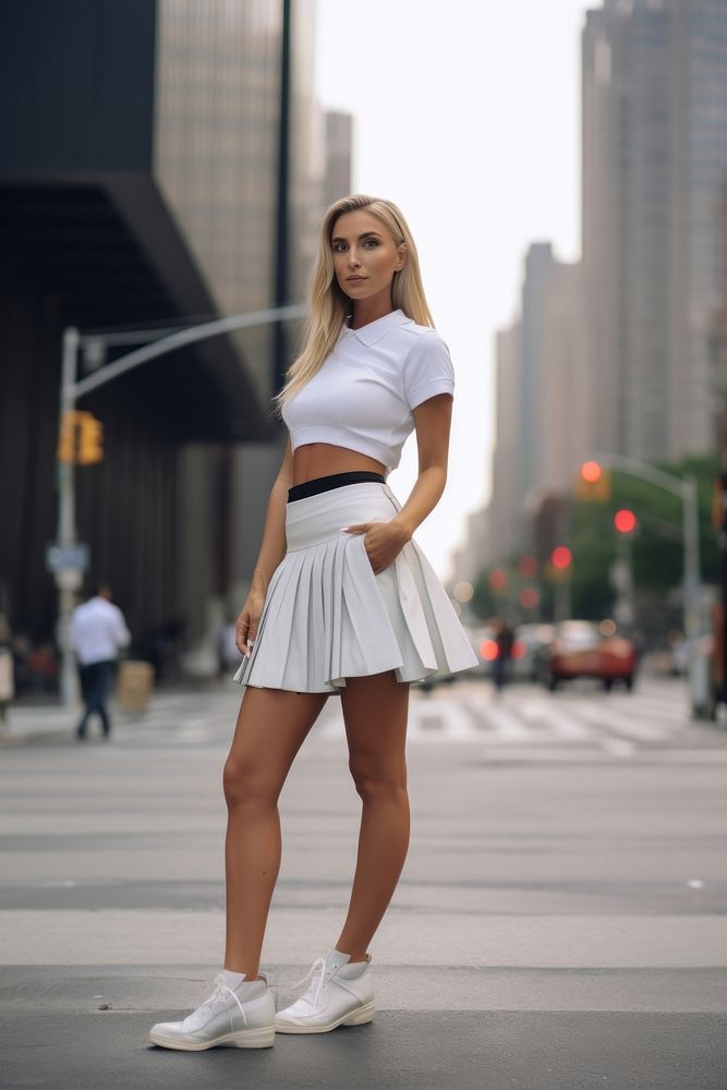Woman wearing white low-rise box pleat skort miniskirt street adult.