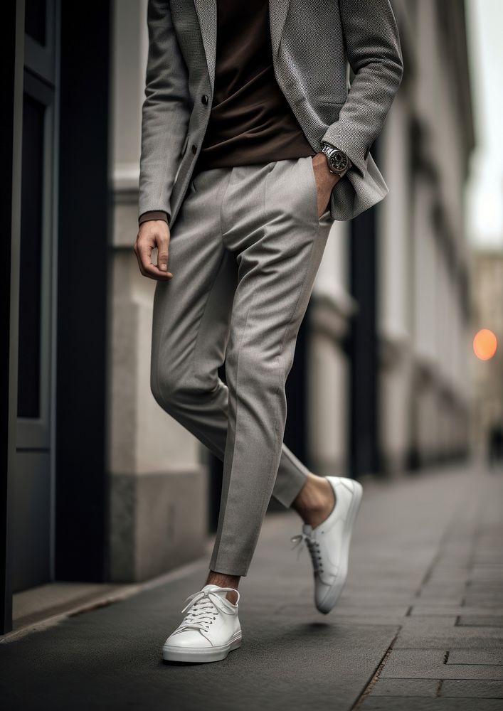 A man wearing sneakers footwear walking fashion.