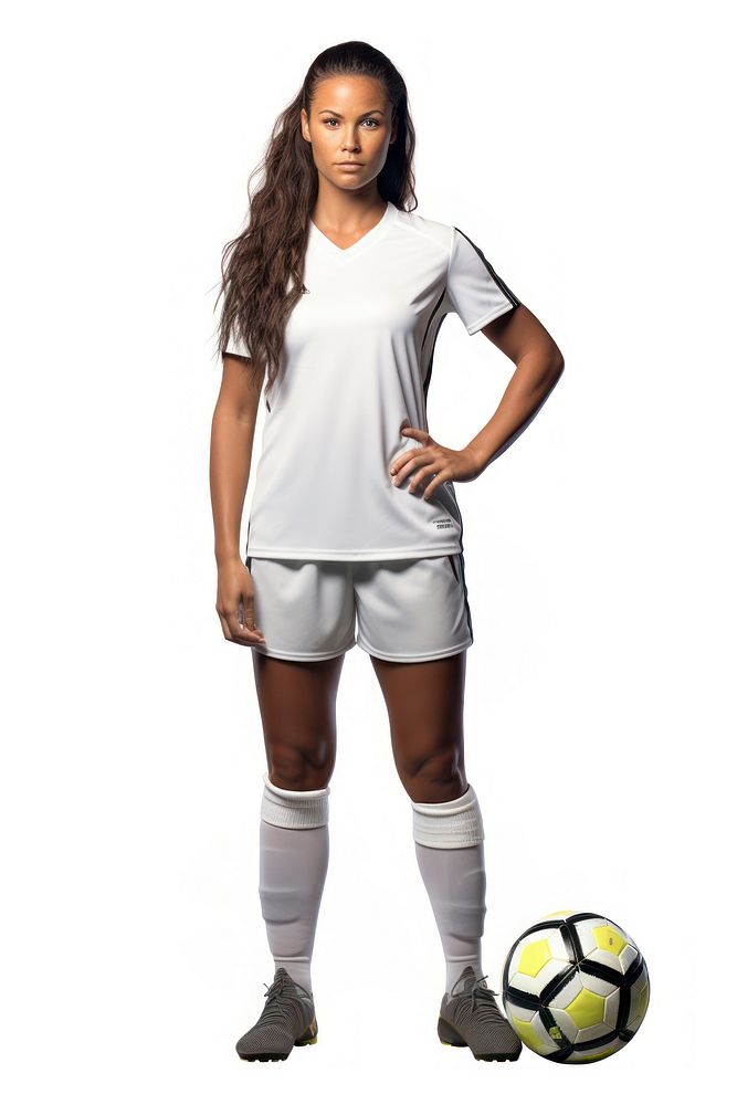 Female soccer player holding soccer ball full body football sports white background.