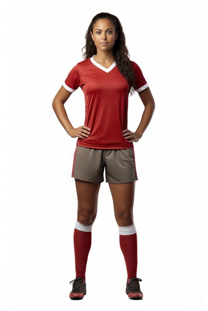Female soccer player holding soccer ball full body t-shirt sleeve shorts.