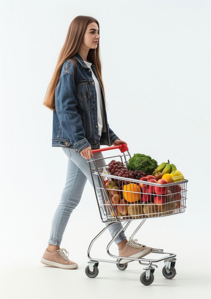 Woman walking with a shopping cart jeans white background consumerism.