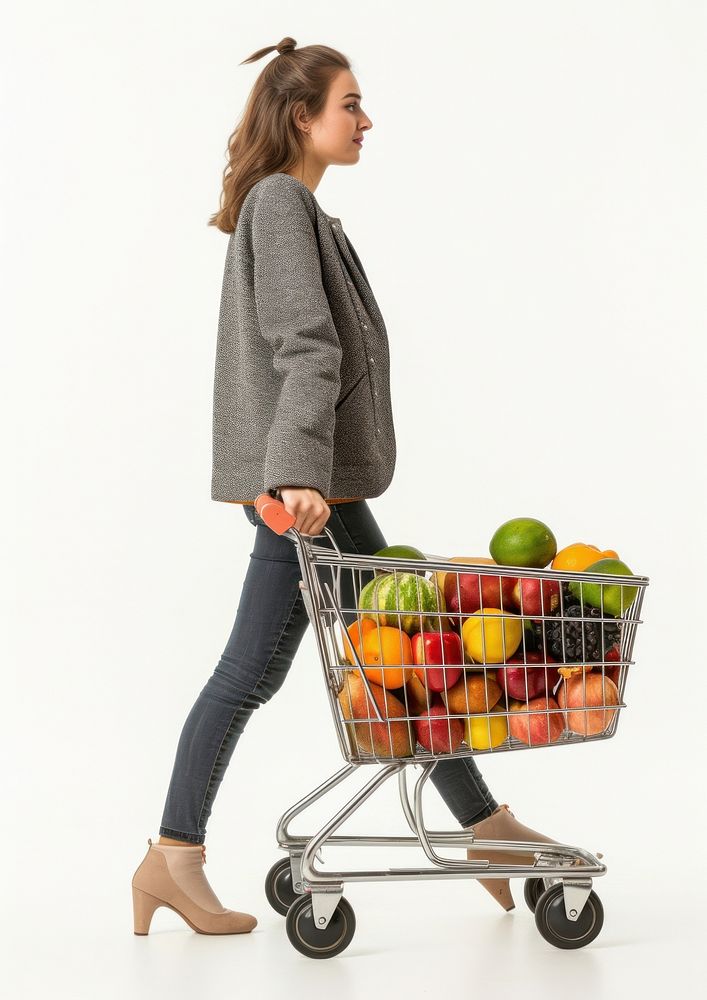 Woman walking with a shopping cart footwear fruit white background.