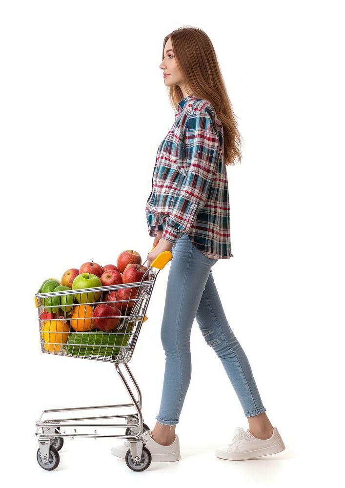 Woman walking with a shopping cart fruit white background supermarket.