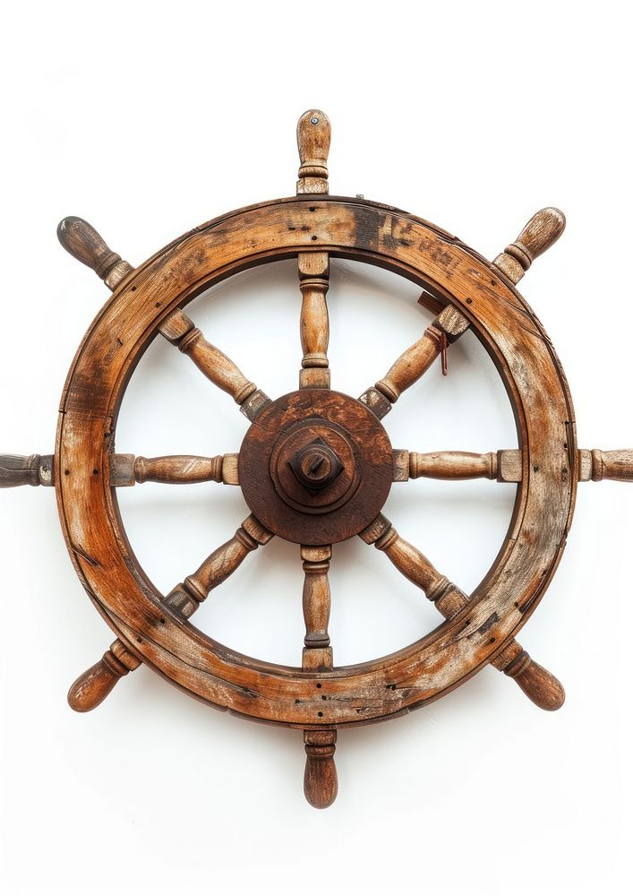 Old ship wooden steering wheel rudder backgrounds vehicle white background.