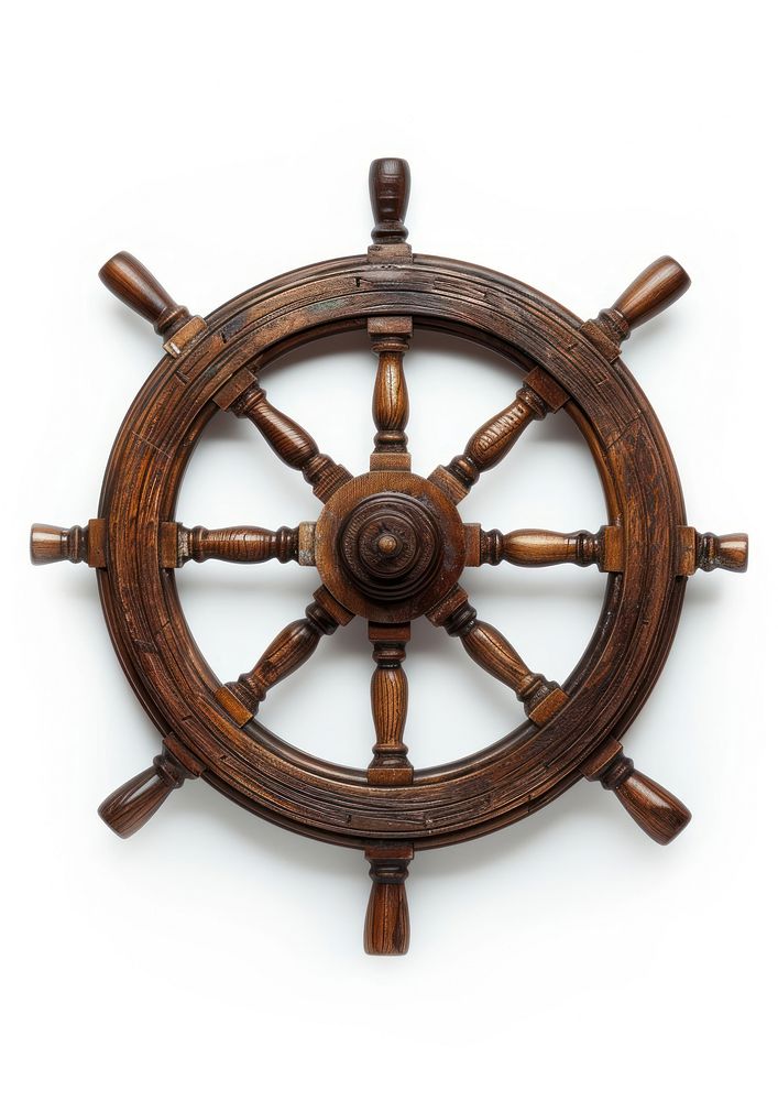 Old ship wooden steering wheel rudder vehicle white background transportation.