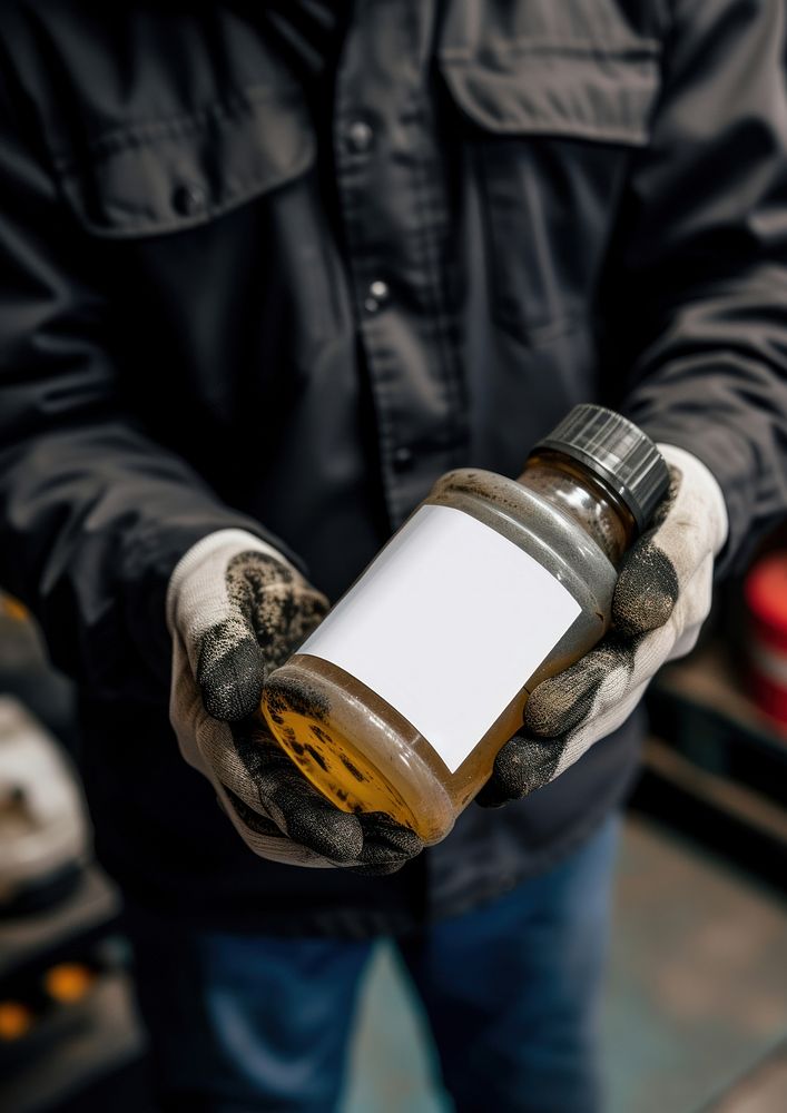 Man holding a canister with machine oil for car bottle adult refreshment.