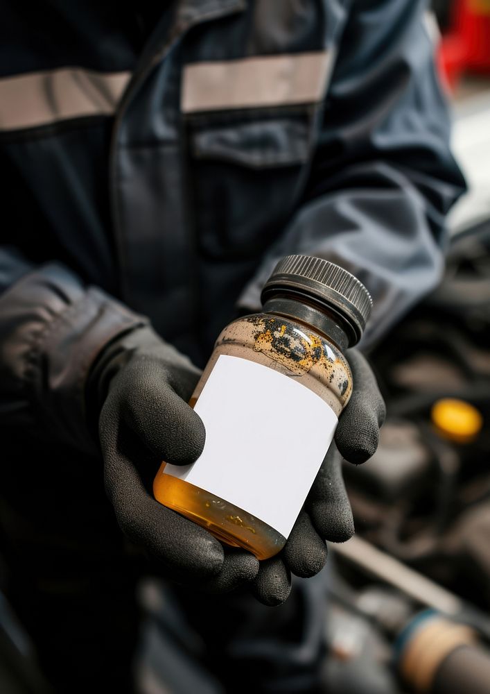 Man holding a canister with machine oil for car protection headwear security.